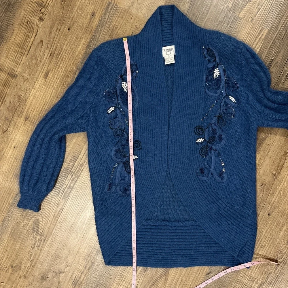 Cervelle Women's Med Blue Mohair‎ Wool Blend Beaded Floral Embroidery Cardigan